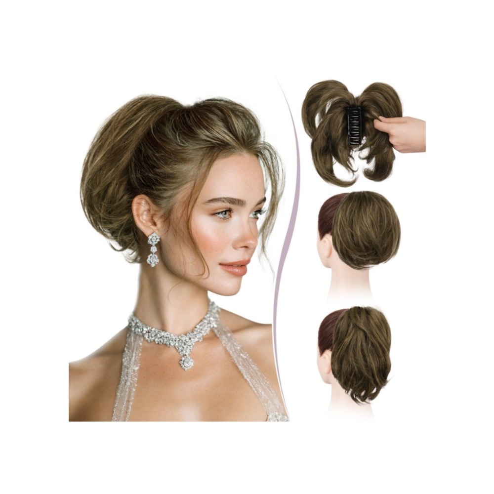 100% Human Hair Claw Clip Ponytail Extension Short Messy Bun Brown 9in Natural